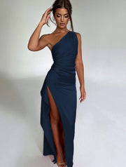 One-shoulder Backless Slit Dress Summer Elegant Slim-fit Solid Color Satin Dresses For Women